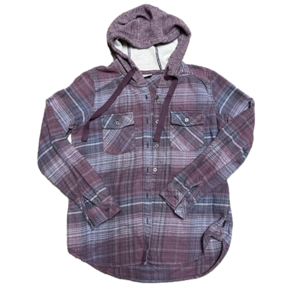 Columbia plaid button-down hooded flannel purple/blue/gray